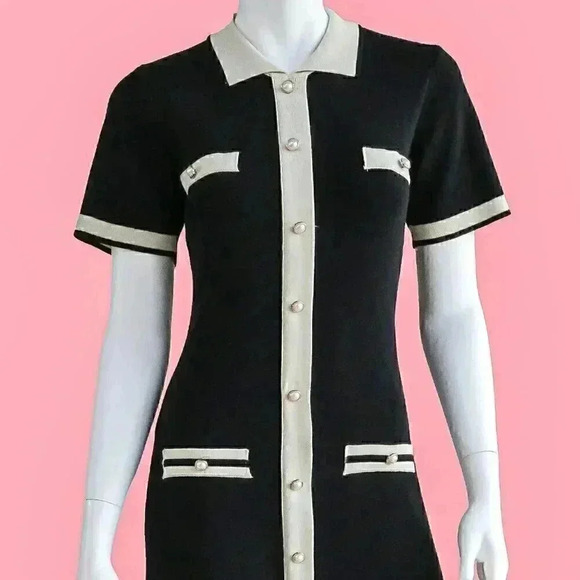 Preppy Black & Cream Classy Mini Dress‎ Size Small Summer Knitted Collared Dress - Picture 3 of 4